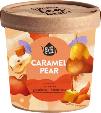 Herbata owocowa Caramel Pear w okrągłym kartonowym pojemniku z ilustracjami gruszek i karmelu, widok z przodu.
