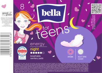 Fioletowe opakowanie podpasek Bella for teens "energy night" z ilustracją dziewczyny, księżycem i gwiazdami.