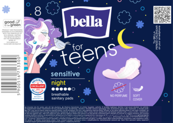 Bella for teens sensitive night podpaski, ciemnofioletowe opakowanie z ilustracją dziewczynki i hasłem NO PERFUME.