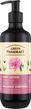 Green Pharmacy balsam do ciała z różą damasceńską i masłem shea w ciemnej butelce z pompką, widok z przodu.