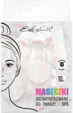 Opakowanie Ewa Schmitt z 10 skompresowanymi maskami do twarzy, widok z przodu, biało-różowa grafika.
