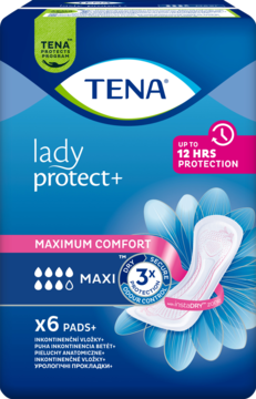 Niebiesko-różowe opakowanie Tena Lady Protect+ Maxi, 6 wkładek na średnie nietrzymanie moczu, 12h ochrony.