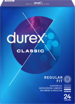 Niebieskie opakowanie prezerwatyw Durex Classic Regular Fit, 24 szt., widok z przodu, z białymi napisami.