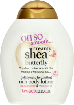 Biały balsam do ciała Treaclemoon Creamy Shea Butterfly z złotą nakrętką i etykietą z motylem, widok z przodu.