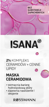 Isana Maska Ceramidowa, opakowanie biało-różowe z pęcherzykami, przód, 2% ceramidów, bez substancji zapachowych.