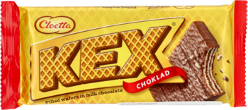 Żółte opakowanie wafla Cloetta Kex Choklad. Widoczny przekrój warstwowej mlecznej czekolady.