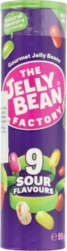 Fioletowa tuba Jelly Bean Factory, 9 kwaśnych żelek o naturalnych smakach, bez żelatyny, widok z przodu.