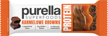 Biały baton proteinowy Purella Karmelowe Brownie, z brązowymi kawałkami i karmelowym sosem, widok z przodu.