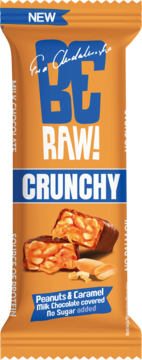 Pomarańczowy baton BC Raw! Crunchy, orzechy i karmel, w mlecznej czekoladzie, bez cukru.