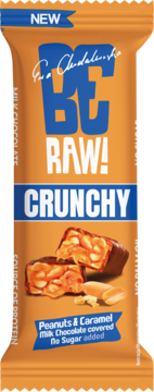 Pomarańczowy baton BC Raw! Crunchy, orzechy i karmel, w mlecznej czekoladzie, bez cukru.