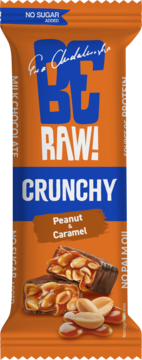 Baton BE RAW! Crunchy Peanut & Caramel w pomarańczowej folii, z widocznym złamanym batonem i orzeszkami.
