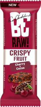 Magentowe opakowanie batona BeRAW! Crispy Fruit Cherry & Cocoa z wiśniami, kakao. Zawiera magnez, B6, bez cukru, oleju palmowego.