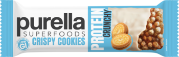 Purella Superfoods Protein Crunchy Crispy Cookies baton w biało-niebieskim opakowaniu, z ciastkami i widocznym wnętrzem.
