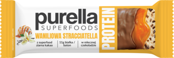 Purella protein bar Waniliowa Stracciatella. Biało-żółte opakowanie z obrazem wnętrza: czekolada, karmel, kakao.