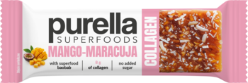 Baton Purella Superfoods Mango-Marakuja z kolagenem, biało-różowe opakowanie, widok z przodu.