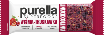 Baton Purella Superfoods Antyoksydacyjny Wiśnia-Truskawka, białe opakowanie, widok z przodu z przekrojem batona.