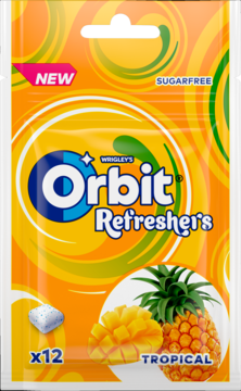 Orbit Refreshers Tropical sugar-free gum, pomarańczowa saszetka z mango i ananasem, widok z przodu.