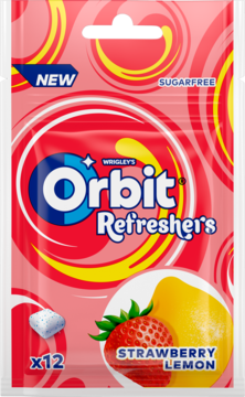 Różowa torebka gum Orbit Refreshers Strawberry Lemon, z wzorem wirów i owoców, bez cukru, widok z przodu. 12 sztuk.