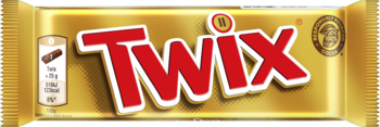 Złote opakowanie batona Twix, dwubatonowy smakołyk: ciastko, karmel, mleczna czekolada, czerwone logo.