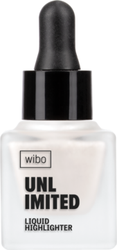 Wibo Unlimited Liquid Highlighter w białej butelce z matowego szkła, czarna zakrętka z pipetą, przód.