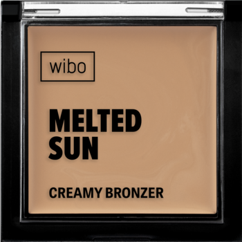 Wibo Melted Sun kremowy bronzer w jasnobrązowym kolorze, w otwartym czarnym kompakcie, widok z góry.