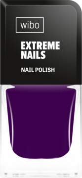 Fioletowy lakier do paznokci Wibo Extreme Nails. Butelka z czarną nakrętką i logo Wibo, widok z przodu.