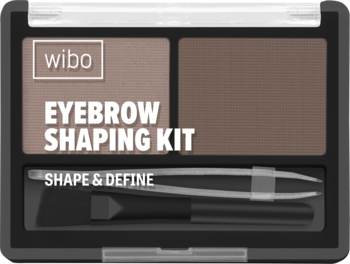 Wibo Eyebrow Shaping Kit Cool Brown: otwarte, czarne opakowanie z dwoma brązowymi cieniami, pędzelkiem i pęsetą.