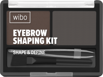 Zestaw do brwi Wibo Eyebrow Shaping Kit w odcieniu Black Brown, otwarta czarna paletka z dwoma cieniami, pędzelkiem i pęsetą.
