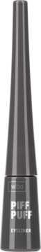 Szary eyeliner w płynie Wibo Piff Puff, pionowy widok z przodu. Smukła butelka z białym logo i napisami.