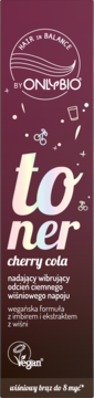 OnlyBio Hair in Balance Toner Cherry Cola, ciemnoróżowe opakowanie z biało-holograficznym napisem, widok z przodu.
