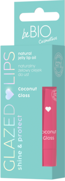 Opakowanie beBIO naturalny żelowy olejek do ust Coconut Gloss w jasnoniebieskim pudełku, z widoczną różową tubką.