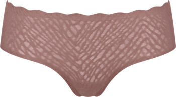 Widok z przodu różowych koronkowych majtek damskich Sloggi Zero Feel Bliss, bezszwowych, z falowanymi brzegami.