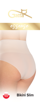 Beżowe, bezszwowe majtki Gatta Essense Bikini Slim, wysoki stan, niewidoczne pod ubraniem, tył na modelu.