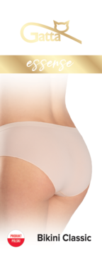 Gatta Essense Bikini Classic, beżowe majtki bezszwowe z mikrowłókien, na modelce, widok na pośladki z boku.