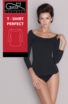 Czarny T-shirt Perfect Gatta Bodywear, bezszwowy, z szerokim dekoltem, na modelce, idealnie dopasowany.