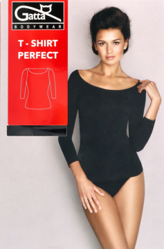 Czarny t-shirt Gatta Perfect z długim rękawem i dekoltem w łódkę na modelce. Widoczne czerwone opakowanie.