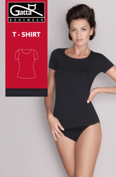 Gatta, czarny bezszwowy T-shirt damski z okrągłym dekoltem, noszony przez modelkę, widok przód.
