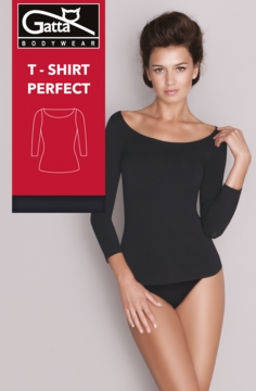 Gatta T-shirt Perfect: czarny, dopasowany, bezszwowy z owalnym dekoltem, na modelce. Logo Gatta.
