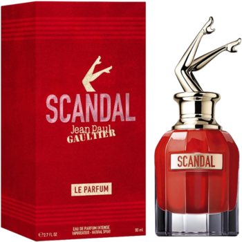 Czerwona woda perfumowana Jean Paul Gaultier Scandal Le Parfum: butelka z korkiem-nogami i pudełko obok.