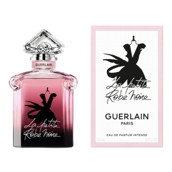 Guerlain La Petite Robe Noire Intense woda perfumowana. Różowa butelka z czarną sukienką i białe opakowanie obok siebie.