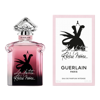 Guerlain La Petite Robe Noire Intense woda perfumowana. Różowa butelka z czarną sukienką i białe opakowanie obok siebie.