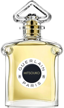 Guerlain Mitsouko, elegancki flakon perfum ze szkła, z bursztynowym płynem i złotymi detalami, widok z przodu.