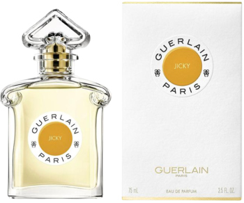 Eleganckie perfumy Guerlain Jicky w przezroczystej butelce ze złotym korkiem i charakterystyczną etykietą, obok białe pudełko.