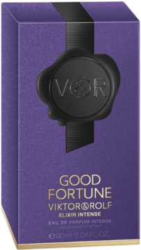Front fioletowego pudełka perfum Viktor&Rolf Good Fortune Elixir Intense, z pieczęcią V&R i złotym napisem.