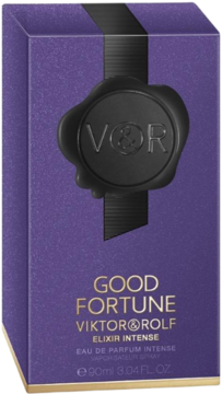 Front fioletowego pudełka perfum Viktor&Rolf Good Fortune Elixir Intense, z pieczęcią V&R i złotym napisem.