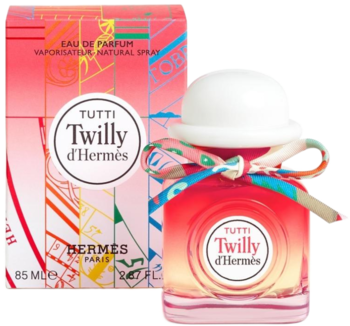 Perfumy Hermès Tutti Twilly d'Hermès, widok z przodu: różowo-żółty flakon z nakrętką i wstążką, obok pudełko 85 ml.