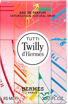 Woda perfumowana Hermès Tutti Twilly D'Hermes w barwnym pudełku z pionowymi pasami, widok z przodu.