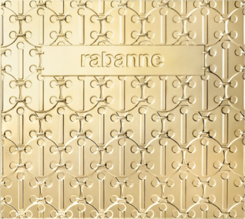 Złote, ozdobne opakowanie zapachu Paco Rabanne Lady Million z wytłoczonym logo 'rabanne' i geometrycznym wzorem.