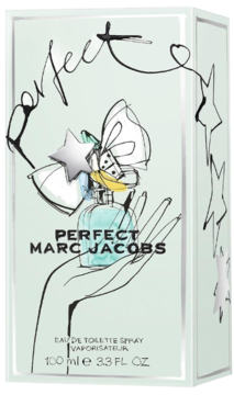 Opakowanie Marc Jacobs Perfect EDT, jasna zieleń, z rysunkiem dłoni, butelki i napisami Perfect.