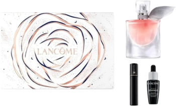 Lancôme zestaw prezentowy: białe pudełko z różą, perfumy La Vie Est Belle, tusz Hypnose, serum Genifique.